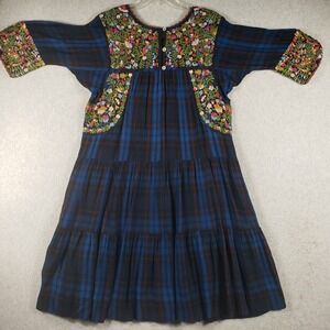 Sister Mary Karmen Embroidered Plaid Midi Dress Blue Boho  Craft L Viscose Midi